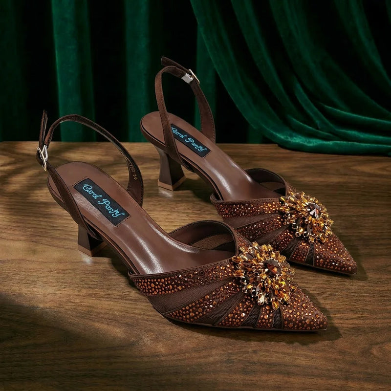 New Italian Pumps and Bag To Party 2026 INS Style Pointed DURABLE OUTSALE Rhinestone Elegant Coffee Color High Heels for Women
