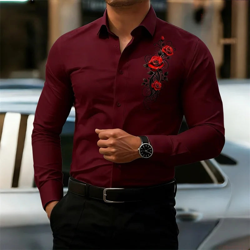 Men's Long-Sleeved Shirt, Featuring a Vintage Red Rose | SAMAG