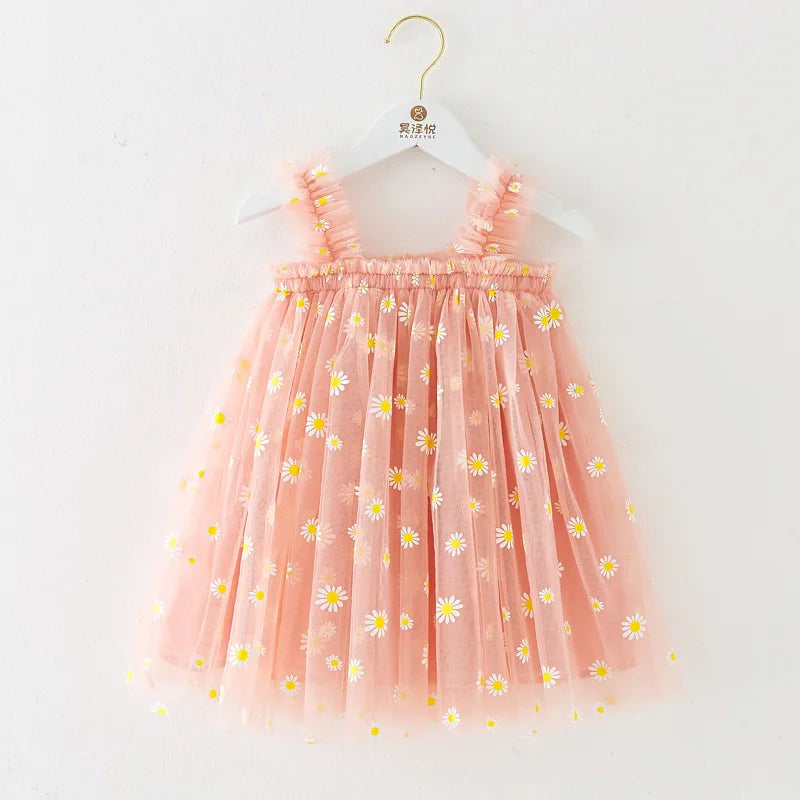 Toddler Girls Summer Sling Dress Sleeveless Daisy Print A-Line Tulle Princess Dress Kids Birthday Party Skirt Cute Baby Clothes