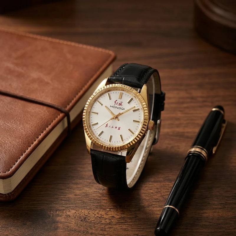 Shanghai Brand Vintage Mechanical Watch 17 Jewels Manual Winding Black Leather Strap Men's Dress - Visuel 5 | SAMAG