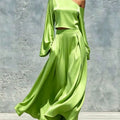 Womens Solid Skirt Two Piece Sets Sexy One-Shoulder Long Sleeve Crop Top  + Slim Long Skirt Set Autumn Casual Party 2pcs Outfits