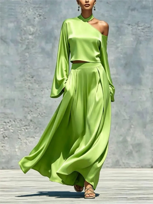 Womens Solid Skirt Two Piece Sets Sexy One-Shoulder Long Sleeve Crop Top  + Slim Long Skirt Set Autumn Casual Party 2pcs Outfits