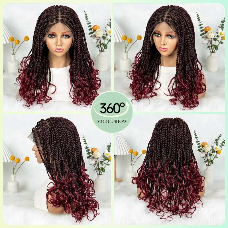 99J# Knotless Box Braided Wigs with Wavy Ends Synthetic Full Lace Braided Lace Wig with Baby Hair Lace Frontal Boho Braids Wig