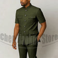 Men's Grey Mandarin Collar Suit Set Short Sleeves Multi-Pocket Jacket and Trousers Fashion Formal Smart Casual Wedding Suits