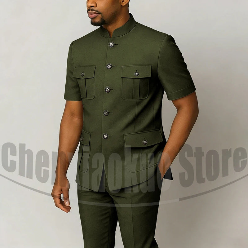 Men's Grey Mandarin Collar Suit Set Short Sleeves Multi-Pocket Jacket and Trousers Fashion Formal Smart Casual Wedding Suits