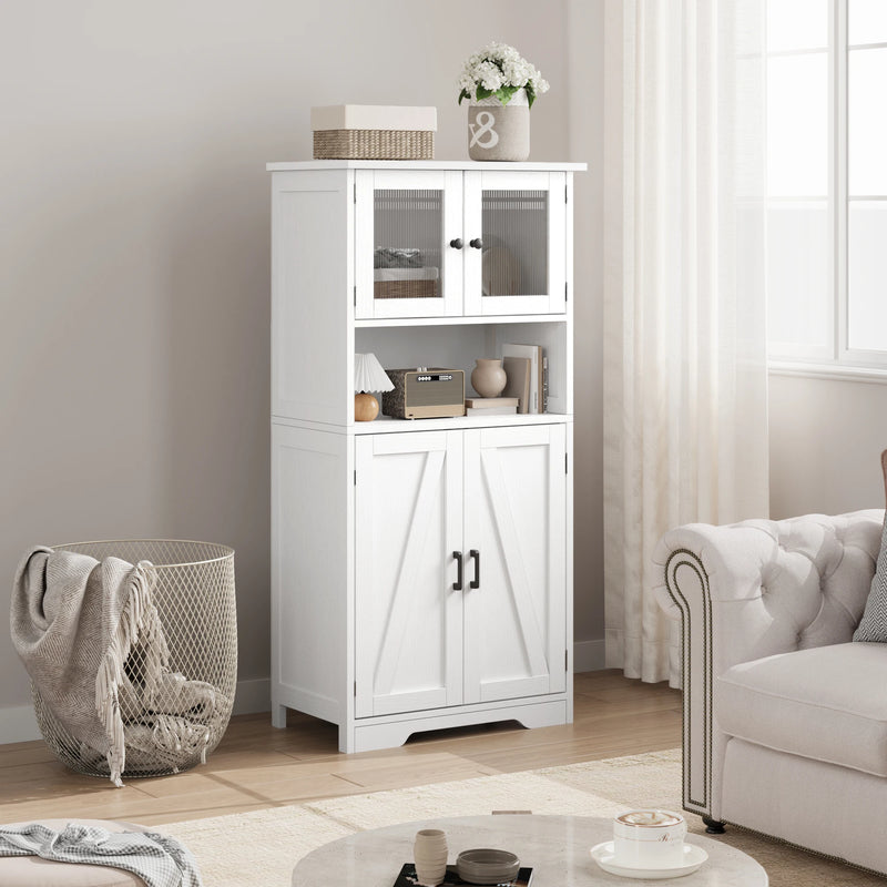 Free Standing Kitchen Pantry Cupboard with 4 Doors and Open Space 128cm Bathroom Tall Cabinet with Tempered Glass Doors