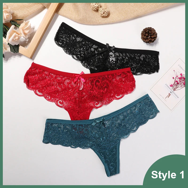 3 Pcs Woman Panties Sexy Lace Thong Underwear Lingerie Female T-back Temptation Low Waist Women Transparent G String