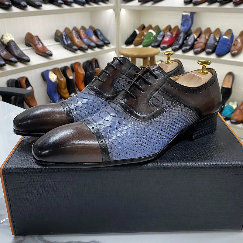 DANIEL WAFER Real Cow Leather Men's Dress Shoes Handmade Lace Up Oxford Snake Print Pointed Cap Toe Party Formal Shoes for Men