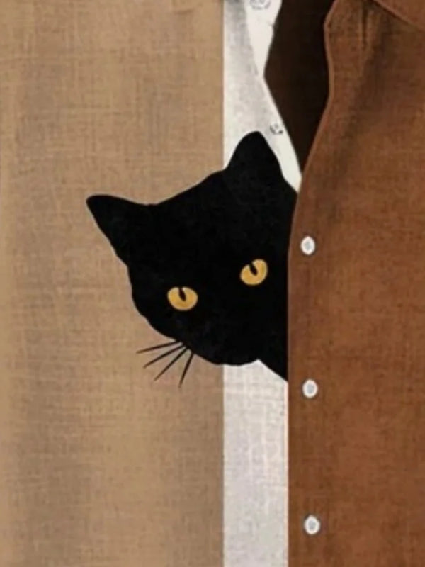 Men's Fun Hide-and-Seek Black Cat Print Shirt, Summer | SAMAG