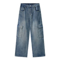 Men Vintage Wash Cargo Wide Leg Jeans Big Pockets | SAMAG