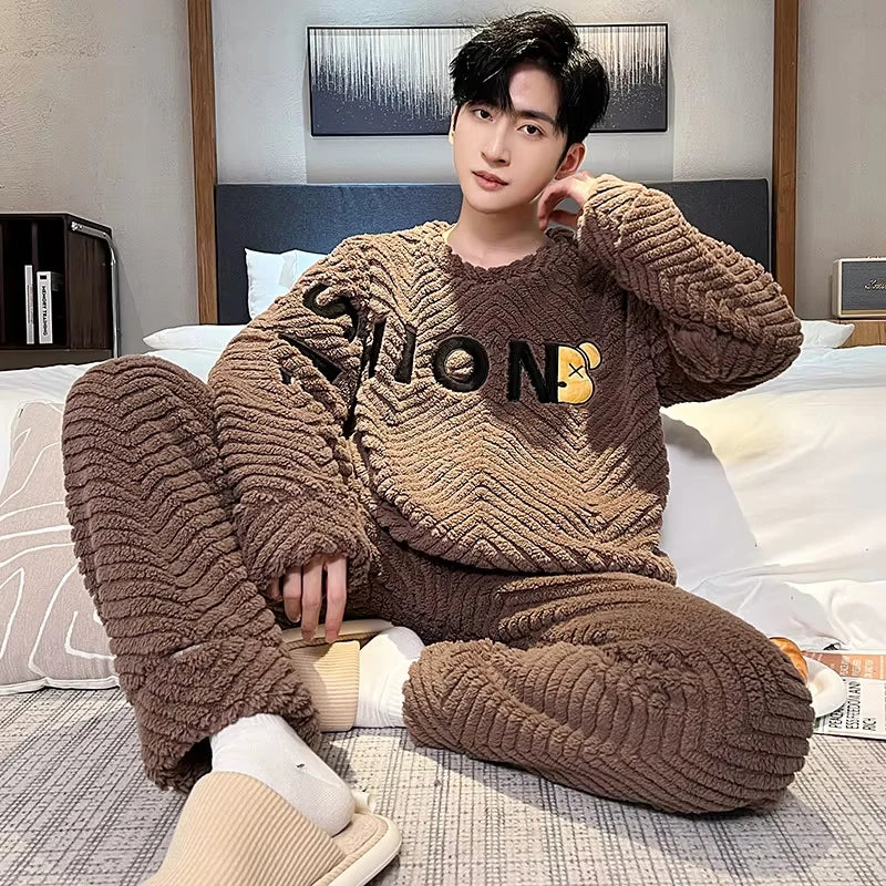 Higher Quality Thickened Warm Plus Size Men’s Pajamas Autumn and Winter Student Nightwear Loungewear Striped Sleepwear Homewear