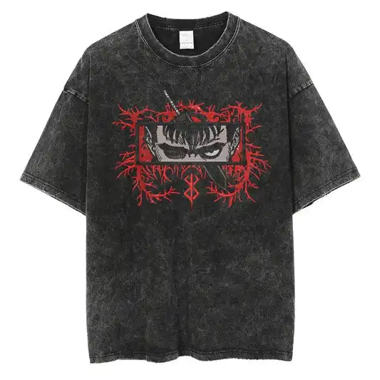 Japanese Anime Berserk Retro Washed T-shirt Men and Women New Summer Harajuku Clothing Casual Round Neck Short Sleeved Top