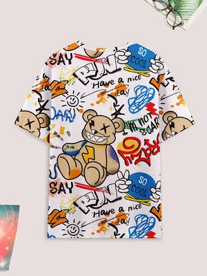 Men's casual pajama set, bear and letter printed T-shirt and shorts, comfortable summer sleepwear
