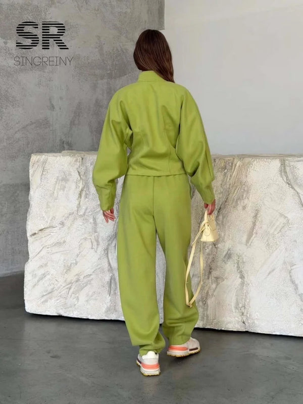 SINGREINY Autumn Stand Collar Casual Sweatshirts Suits Women Long Sleeves Zipper Slim Top+Long Pants Trendy Street Tracksuits