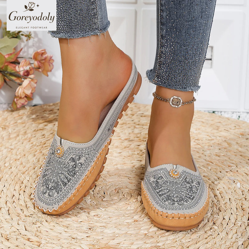 Goreyodoly women mule flats rhinestone cutout patchwork shoes elastic slip on wide fit lightweight soft sole comfort loafers