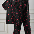 Women's Satin Silk Pajama Set Black Red Heart Print Short | SAMAG