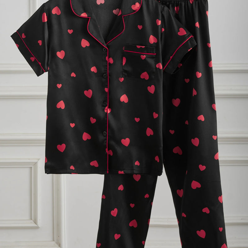 Women's Satin Silk Pajama Set Black Red Heart Print Short | SAMAG
