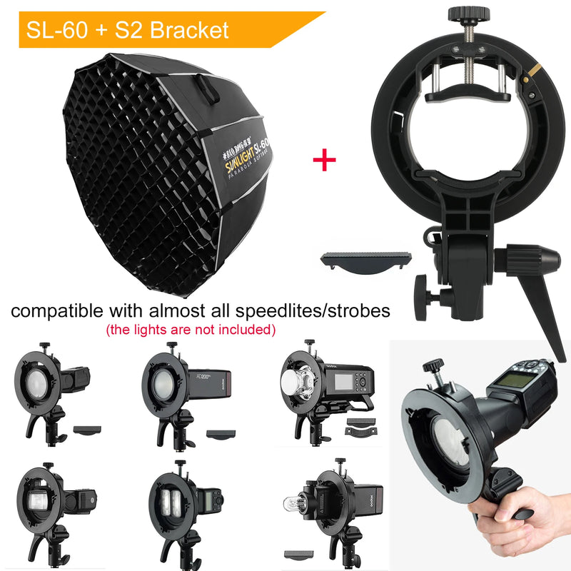 60cm Foldable Deep Parabola Softbox 12 Sided Flipped Lighting Box Bowens Mount Quick Installation Softbox Diffuser