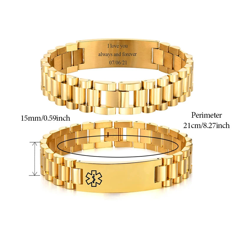 Custom Medical ID Bracelet Medilert Bracelets for Men Women Engraving Stainless Steel Medic ID Bracelet Wristband for Dad Mom