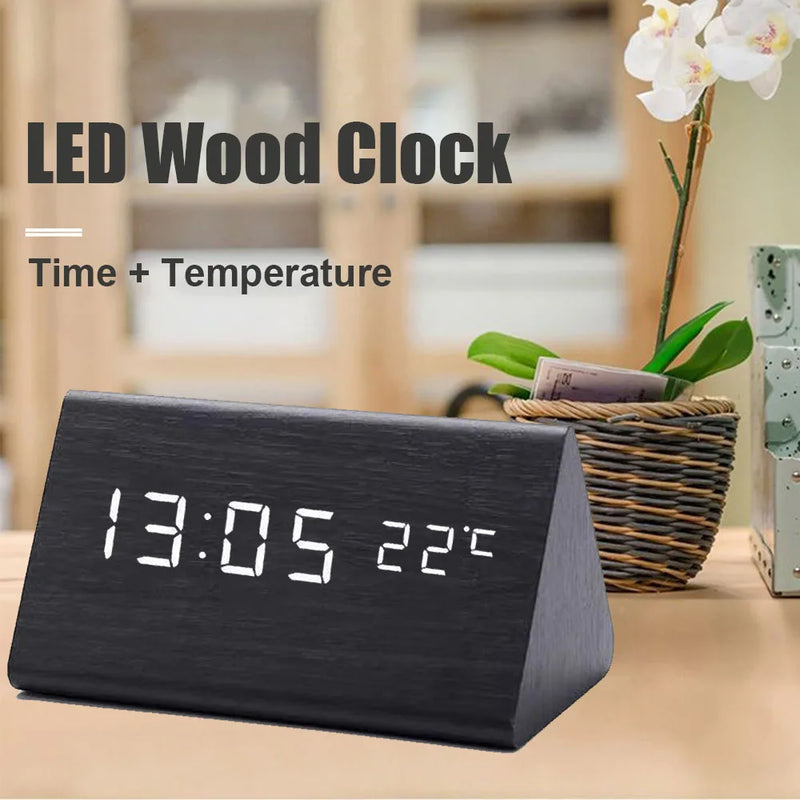 Digital Alarm Clock Desktop Wood LED Clocks Sound Control Electronic Display Thermometer Home Decor Gift Wood Clocks