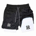 Men's tight fitting sports shorts, printed sports shorts, double-layer 2-in-1 quick drying basketball muscle fitness shorts