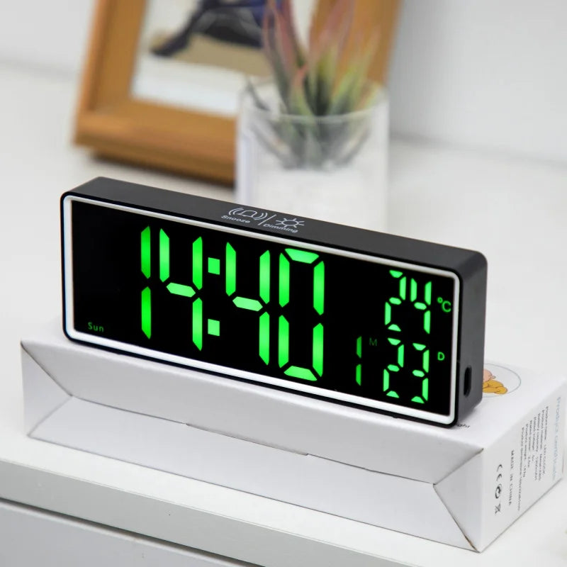 Digital Alarm Clock TEMP Date Week 2 Alarms Night Mode Snooze 12/24H Anti-disturb Voice Control Rechargeable LED Mirror Clock
