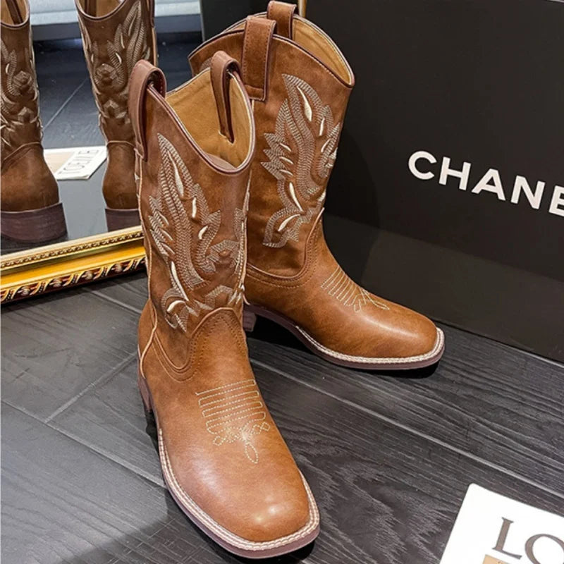 Hot Sale Tenis De Mujer Embroidery Ankle Boots Square Toe Slip-On Women Boots Western Cowboy Boots New Design Zapatos De Mujer