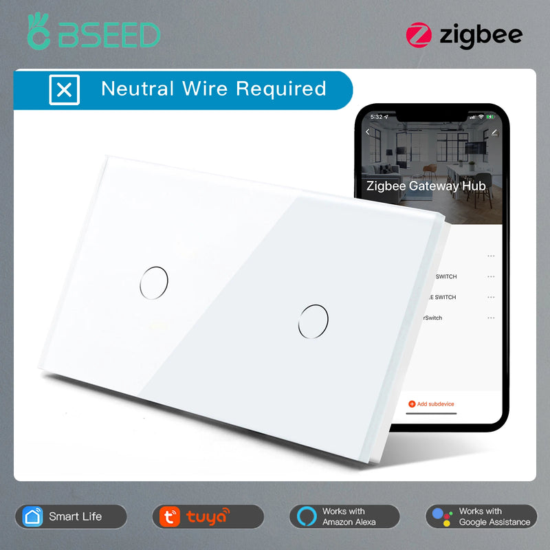BSEED Zigbee Wall Switches Smart Touch Screen Light Switch 1/2/3Gang 1/2/3Way Google Alexa Tuya App Control No Neutral Line