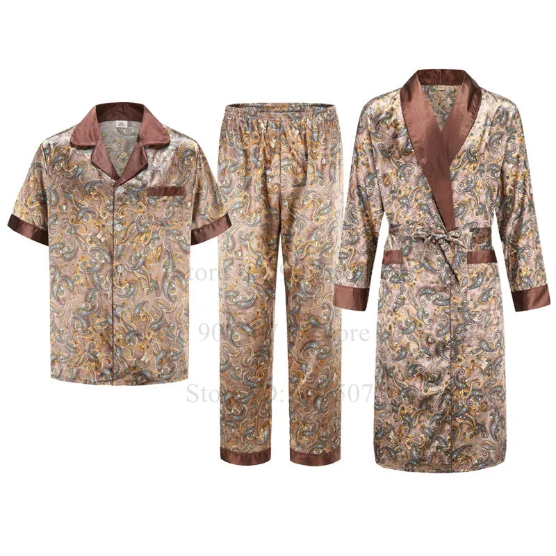 Ice Silk Robe Loose Nightwear Loungewear Male Casual Home Clothes Print Shirt&pants Summer Autumn New Bathrobe with Pocket