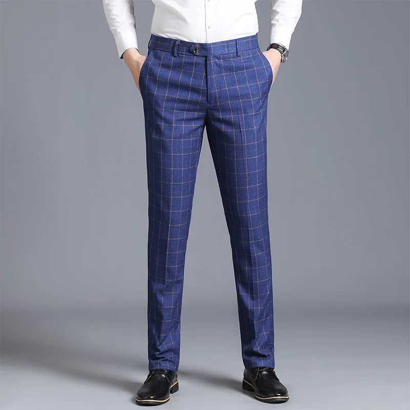 2026 Men's Blue Vertical Striped Suit Pants, Black Business Casual Trousers, Asian Sizes 28-40, Burgundy and Gray Plaid Pant.