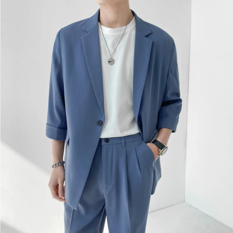 2022 Fashion Summer 2-piece Set Solid Color Single-breasted Casual Simple Student Wear Homme Loose Suits Wear (Blazers + Pants)