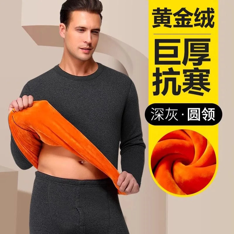 Thickened Fleece Warm Underwear Set Men's Pure Cotton Half High Collar Cotton Sweater Middle Aged Gold Velvet Autumn Clothes