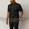 Men's Grey Mandarin Collar Suit Set Short Sleeves Multi-Pocket Jacket and Trousers Fashion Formal Smart Casual Wedding Suits
