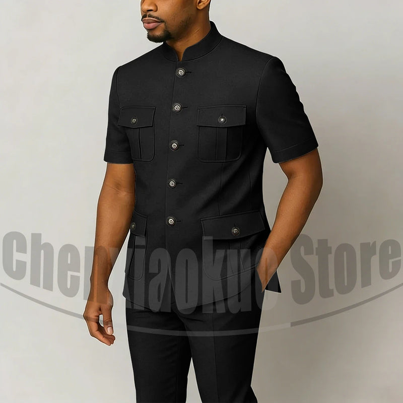 Men's Grey Mandarin Collar Suit Set Short Sleeves Multi-Pocket Jacket and Trousers Fashion Formal Smart Casual Wedding Suits