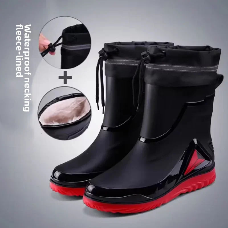Men's Rain Shoes Fashion Waterproof Men's Rain Shoes Outdoor Non-slip Work Shoes for Men Cotton Warm Rain Boots Kitchen Footwear