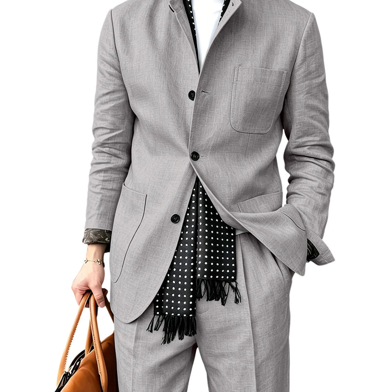 Men's Linen Blend 2 Piece Suit Set Stand Collar Breathable Casual Blazer Pants For Business Daily Wear