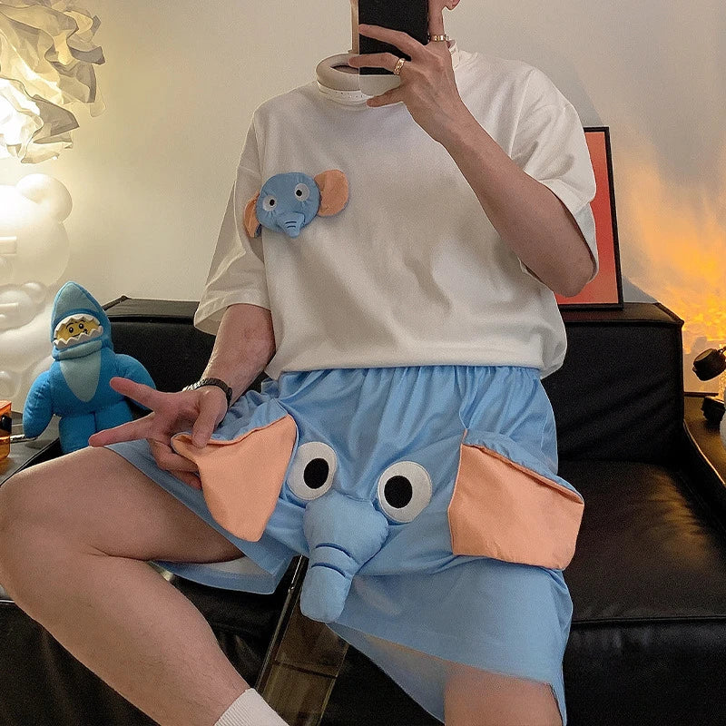 New Summer Couple Outfits Pajama Homewear Suit Men Wowen Squeaky Elephant Shorts Pant Boy Grils Loose Suit Leisure Pajamas Pants