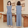 Women 2 Piece Outfit Sleeveless Printed Top And Wide Leg Pants Summer Casual Mom Wear For Middle Aged