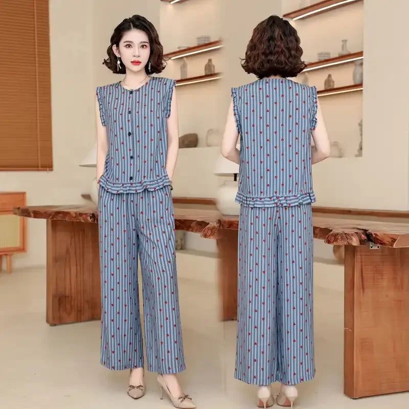 Women 2 Piece Outfit Sleeveless Printed Top And Wide Leg Pants Summer Casual Mom Wear For Middle Aged