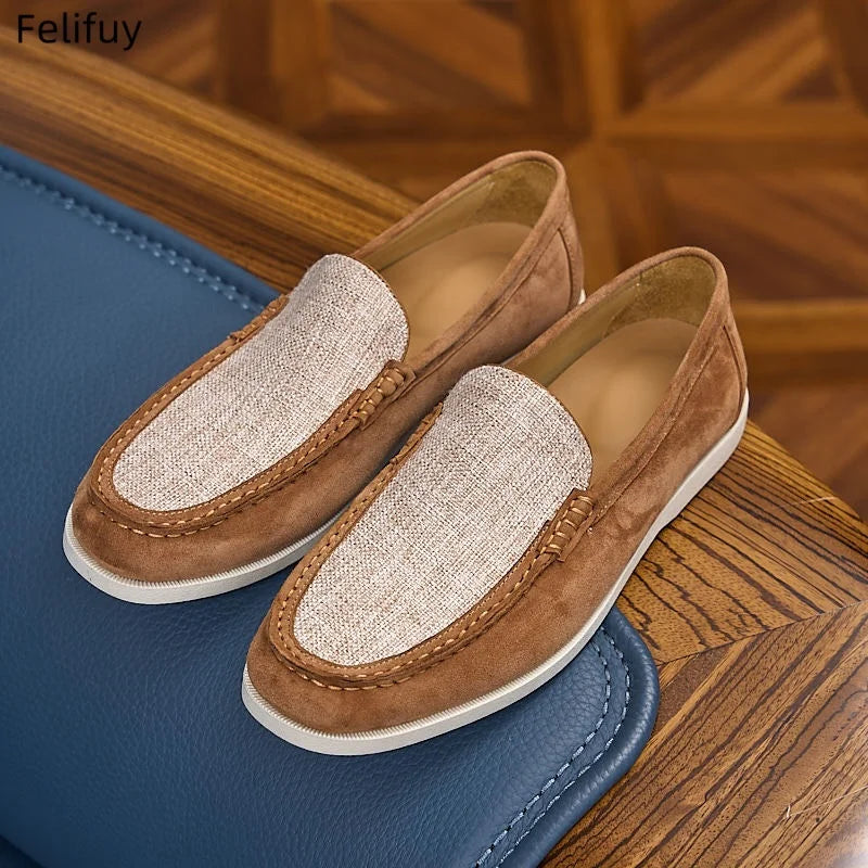 Handwoven Flax Straw Caual Shoes Men's Summer Breathable Linen Chinese Style Casual Wheat Color Genuine Leather Loafers Slip-On