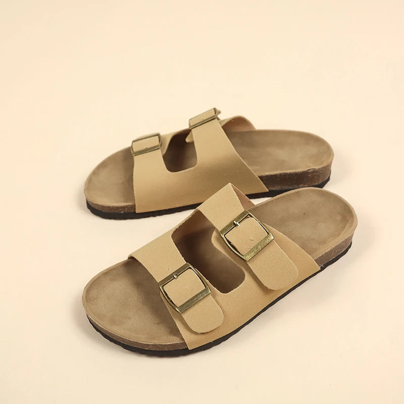 Women's Flat Outdoor Beach Casual Slippers Man Sliders Thick Sole Leather Cork Sole Sandals and Slippers