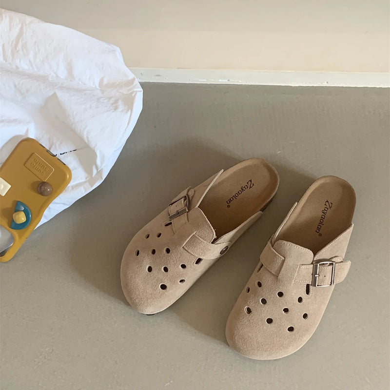 Women's Suede Clogs with Adjustable Strap Fashion Cork Footbed Genuine Leather Mules Outdoof New Slip on Potato Shoes
