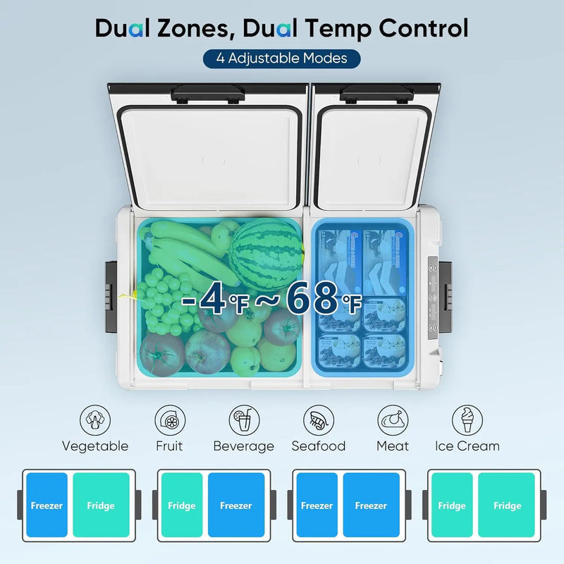 Dual Zone Electric Cooler 61QT(58L) - Portable Refrigerator Freezer -4℉~68℉, 12/24V DC 100-240V AC Car Fridge for Travel Camping RV Home, 12 Volt Refrigerator