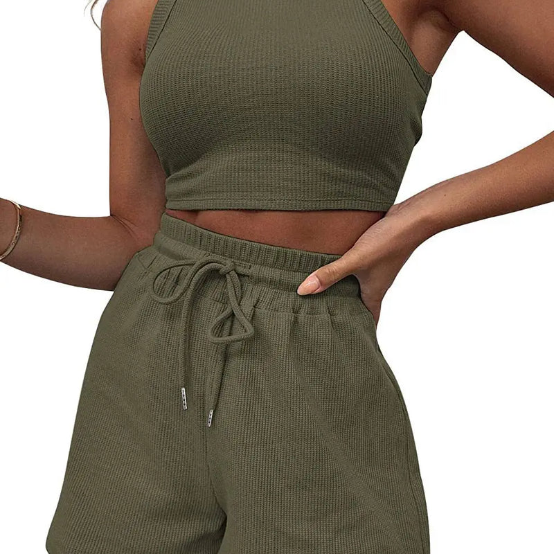 Hot Sells Women's Shorts 2-piece Set Waffle Short Vest Sports Running Elastic Waist Drawstring Summer Fashion Set for Female