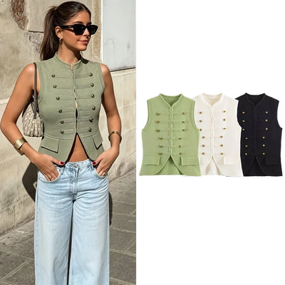 Women Casual Knitted Napoleon Vest Slim O - neck Sleeveless | SAMAG