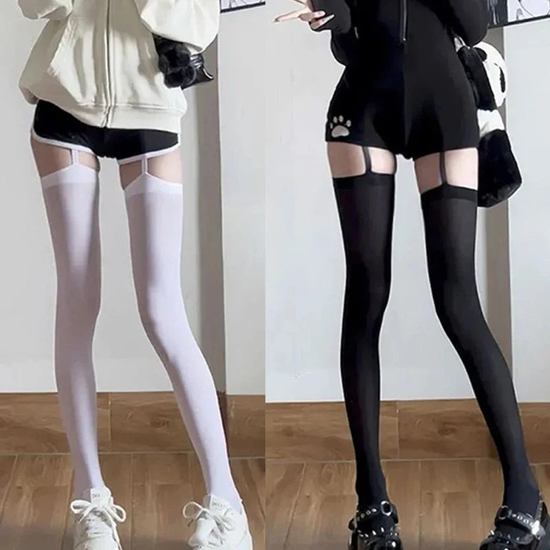 Sexy Suspender Thigh High Stockings Velvet Thin Black White Irregular Exposed Skin Lolita JK Japanese Knee High Socks Tight