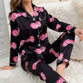 Cute Cat Print Pajama for Women Satin Long Sleeve Lapel | SAMAG