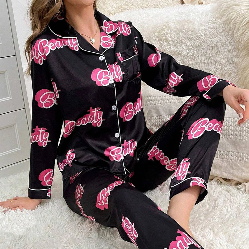 Cute Cat Print Pajama for Women Satin Long Sleeve Lapel | SAMAG