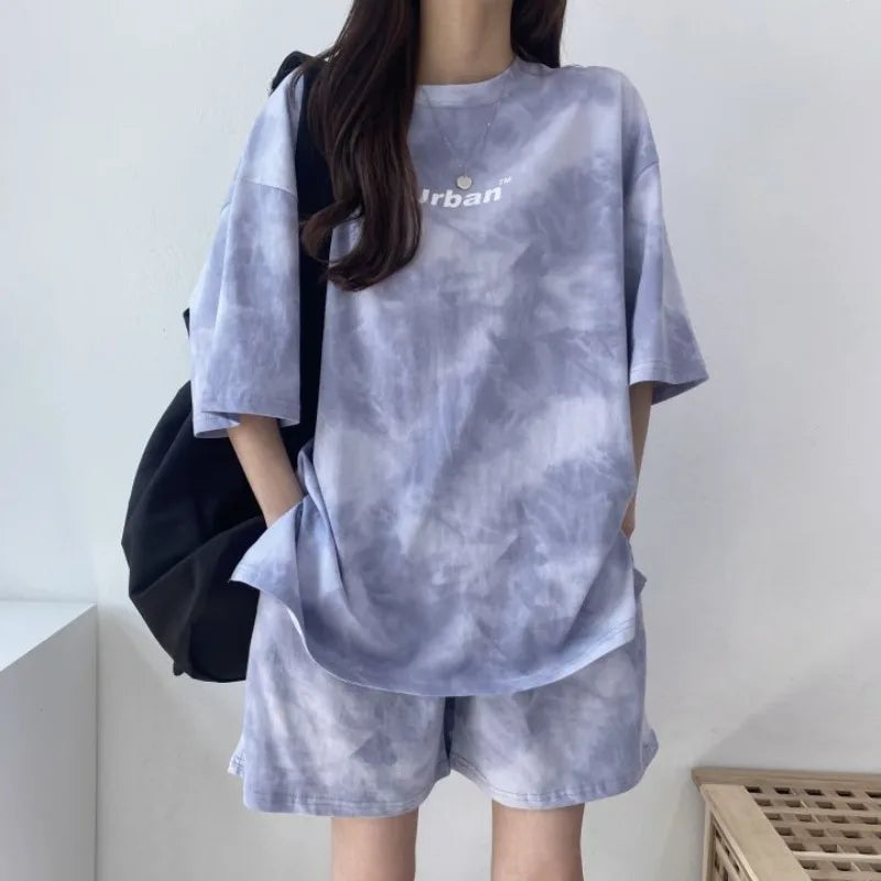 2026 Women T-Shirt Shorts Suit Set Casual Tie Dye Loose Tshirt Wide Leg Middle Shorts With Pockets Female Soft Summer Shorts Set
