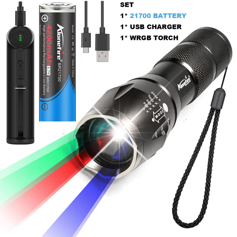 Upgraded Zoomable Red Flashlight, 4 Color in 1 Flash Light, Green Red Blue White Multi-Color RGBW Led with Memory for Fishing